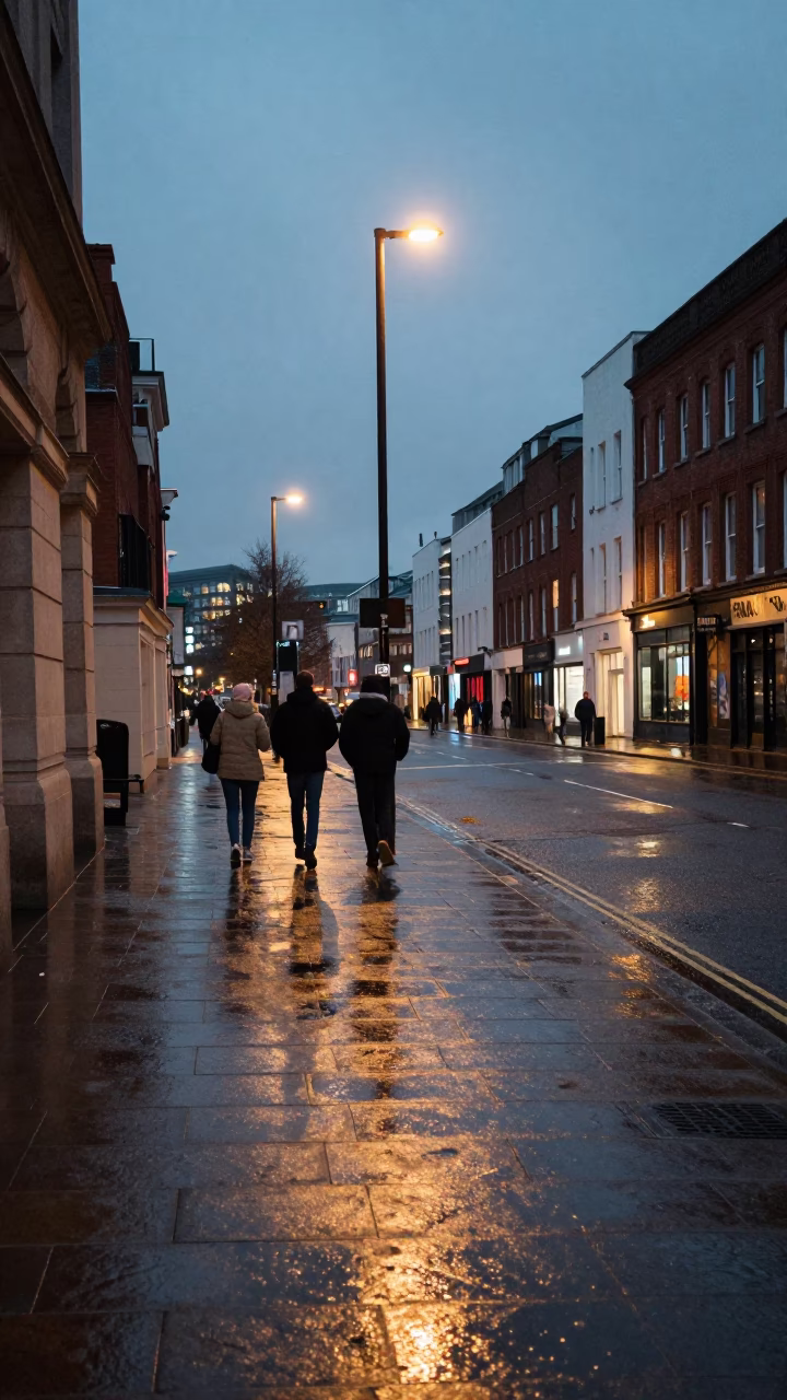 Liverpool street scene at dusk with brushed steel edge and local urban details in in Liverpool, United Kingdom