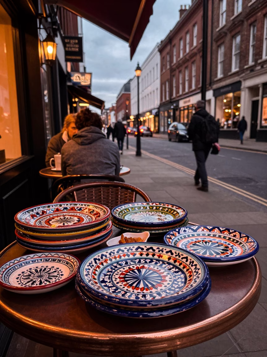 Liverpool Street Scene at Dusk with Majolica Plates on Cafe Table in in Liverpool, United Kingdom