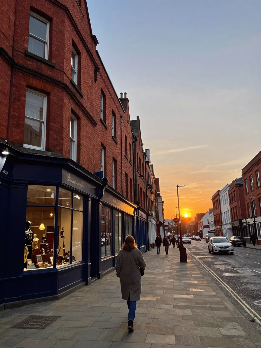Liverpool Street Scene at Dusk with Red Brick Architecture and Pedestrians in in Liverpool, United Kingdom