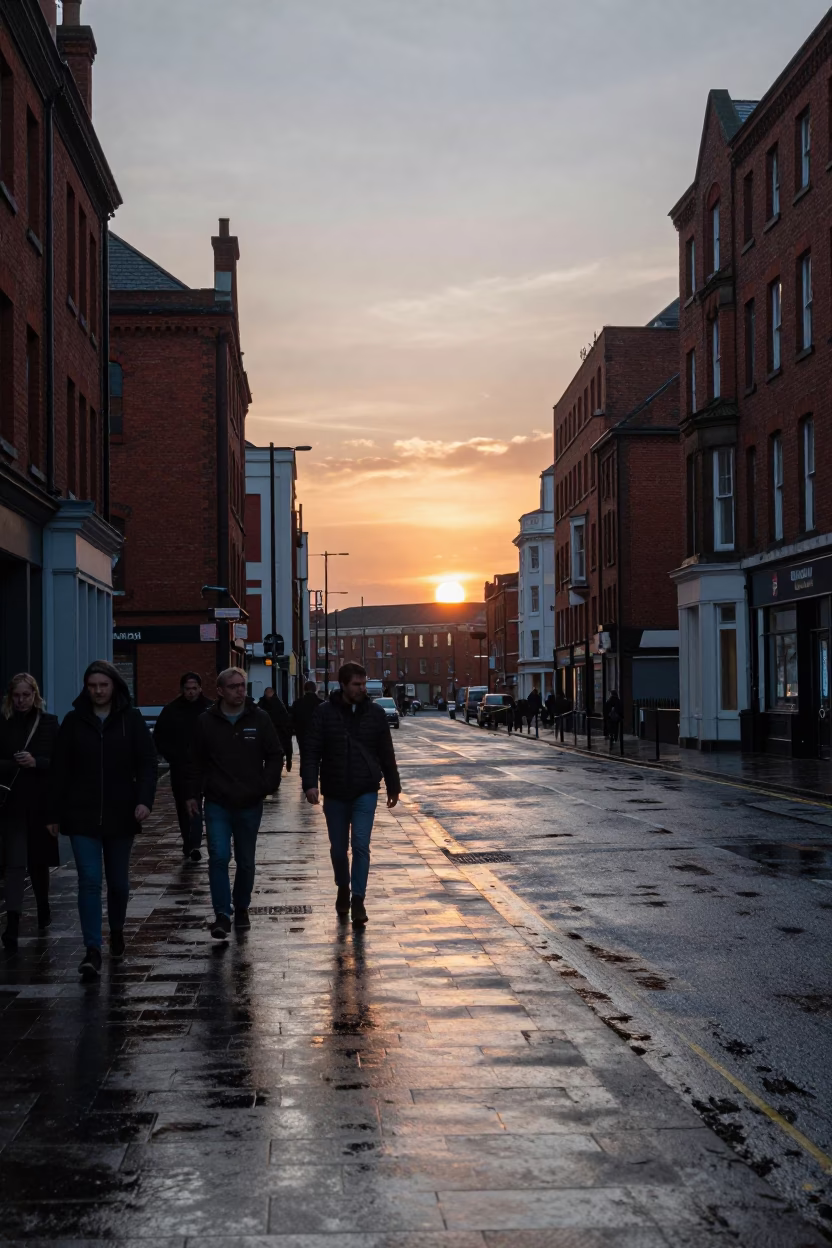 Liverpool Street Scene at Dusk with Red Brick Architecture and Wet Asphalt in in Liverpool, United Kingdom