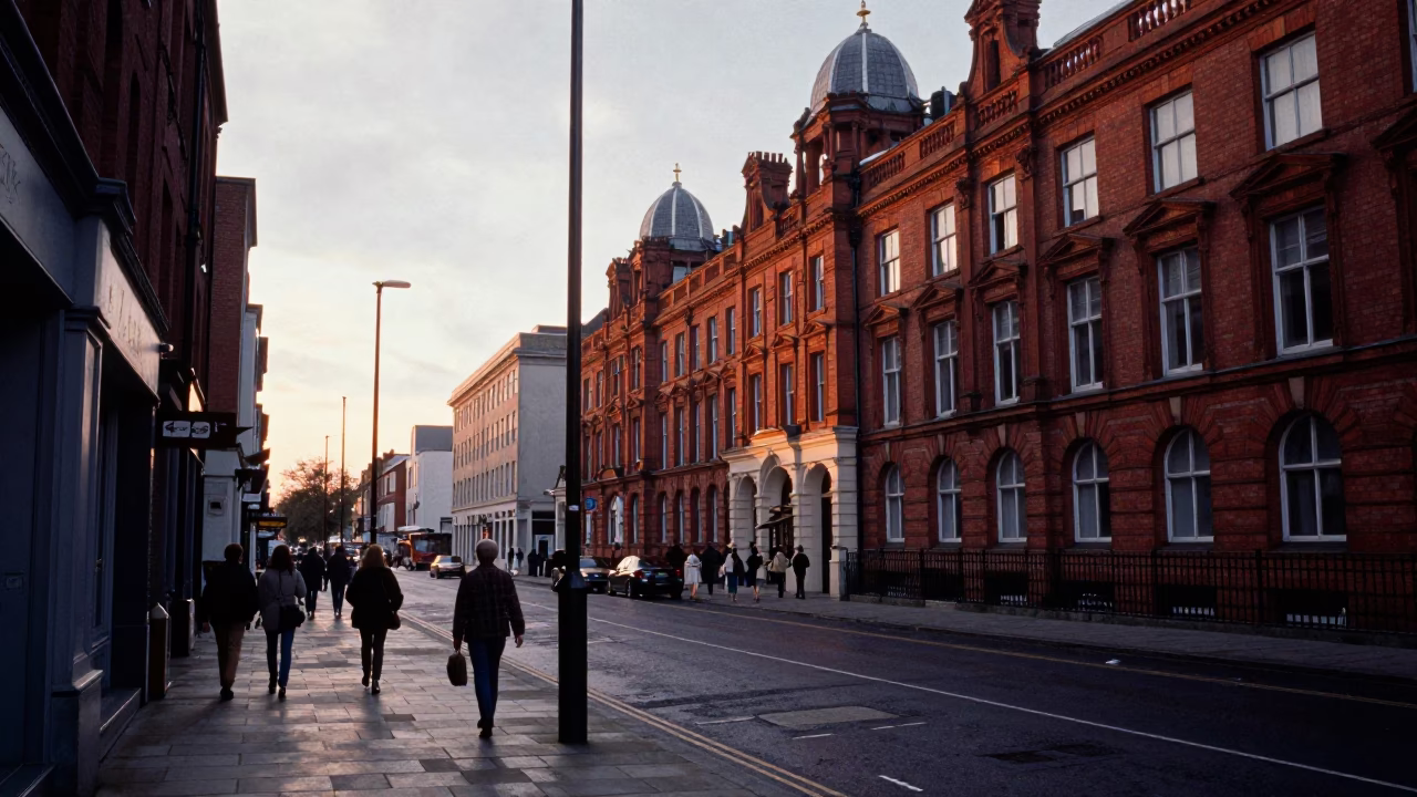 Liverpool street scene at dusk with Victorian architecture and busy pedestrians in in Liverpool, United Kingdom