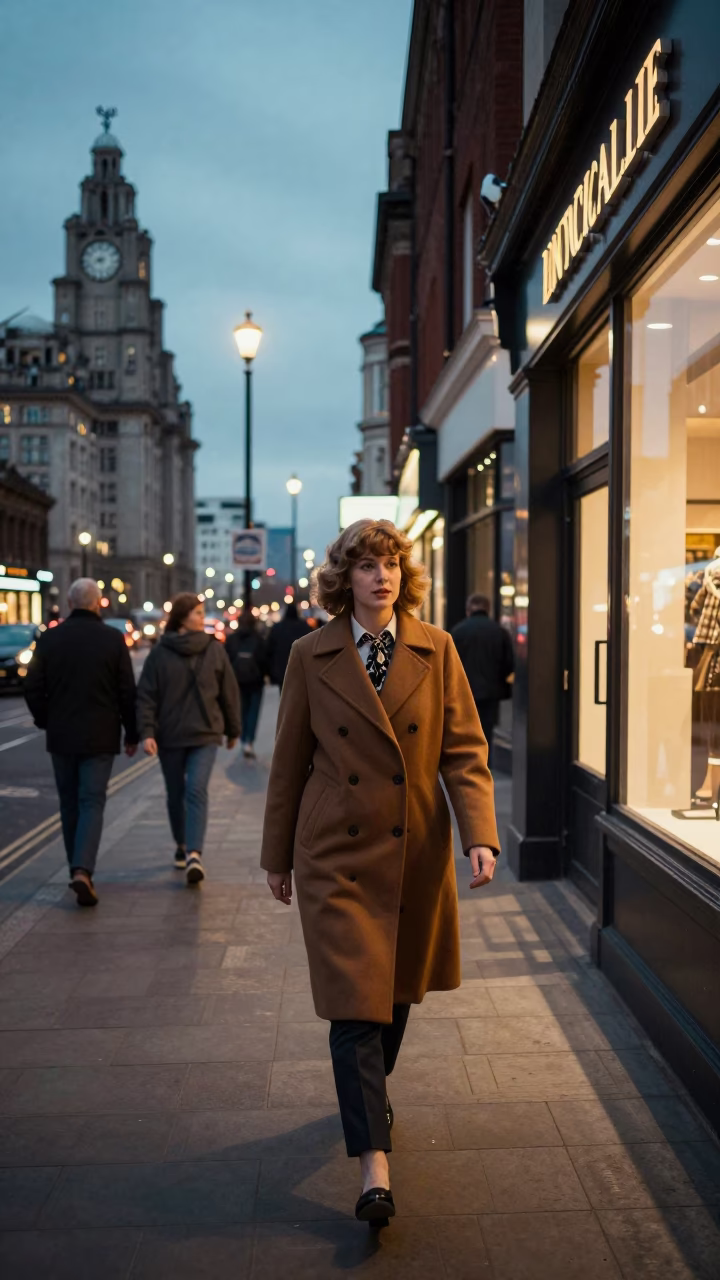 Liverpool Street Scene at Dusk with Vintage Fashion and Local Atmosphere in in Liverpool, United Kingdom