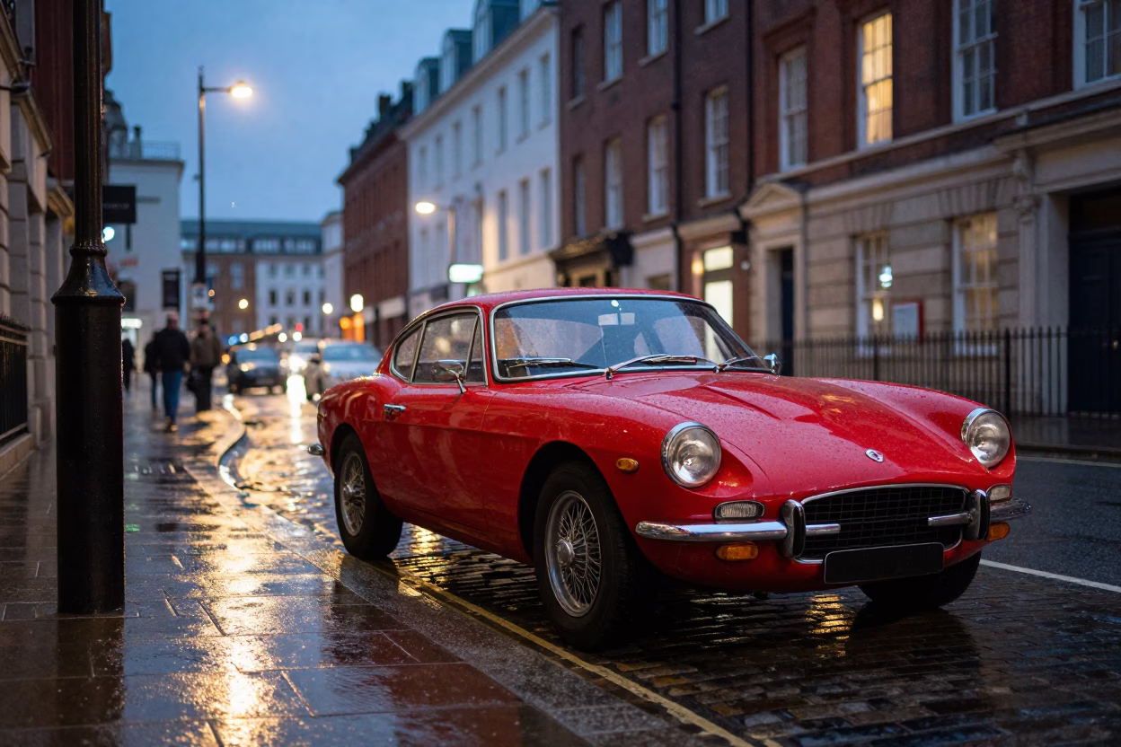 Liverpool street scene at dusk with vintage red car and stone architecture in in Liverpool, United Kingdom