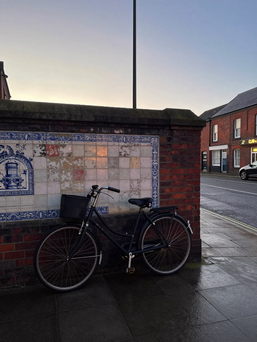 Liverpool Street Scene at Nautical Dawn with Vintage Bicycle and Ceramic Tiles in in Liverpool, United Kingdom