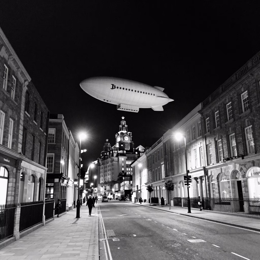 Liverpool Street Scene at Night with Zeppelin Airship and Local Shopkeeper in in Liverpool, United Kingdom