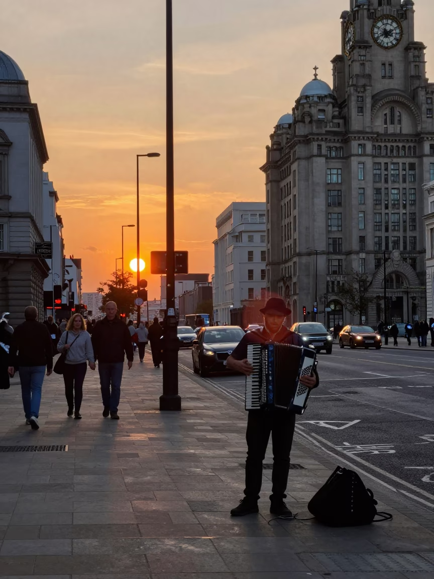 Liverpool Street Scene at Sunset with Accordion Player and Bar Stools in in Liverpool, United Kingdom