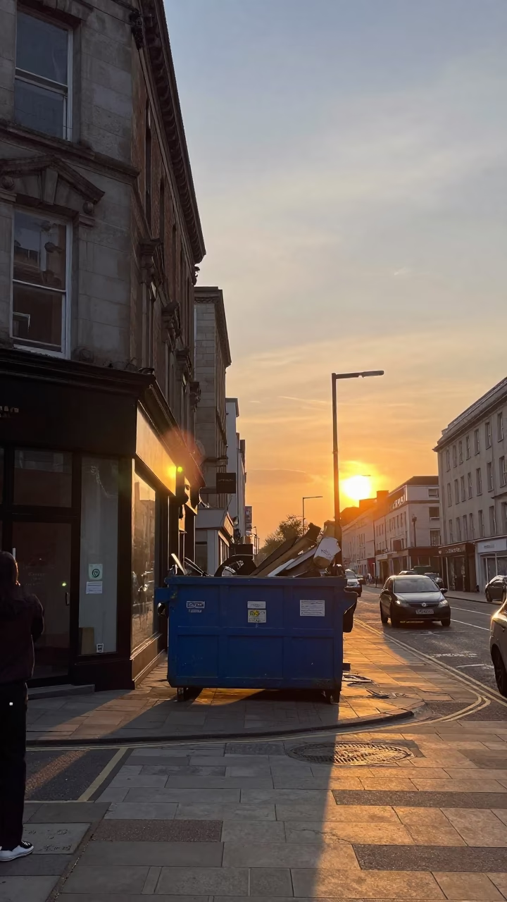 Liverpool street scene at sunset with demolition dumpster beneath gutted storefront in in Liverpool, United Kingdom