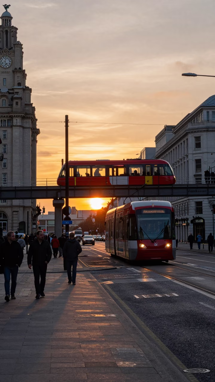 Liverpool Street Scene at Sunset with Monorail and Red Brick Architecture in in Liverpool, United Kingdom