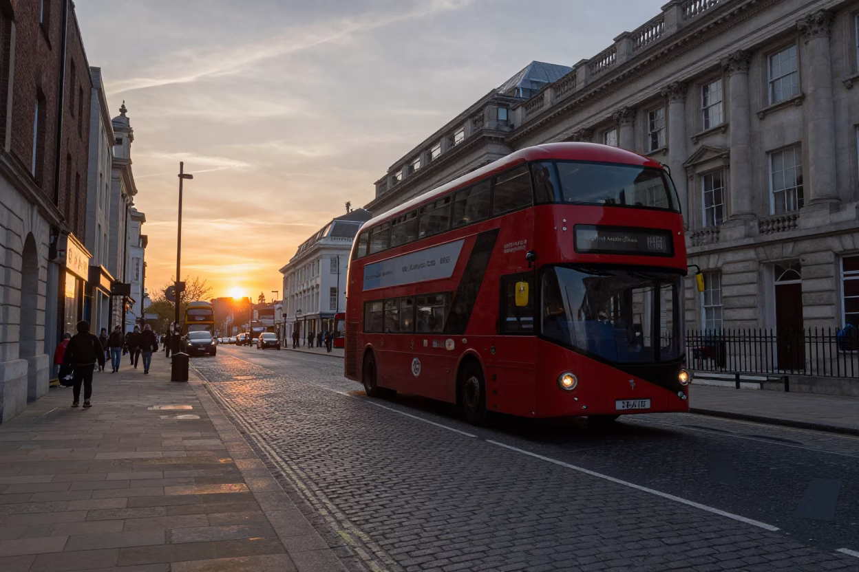 Liverpool Street Scene at Sunset with Red Double-Decker Bus and Historic Architecture in in Liverpool, United Kingdom