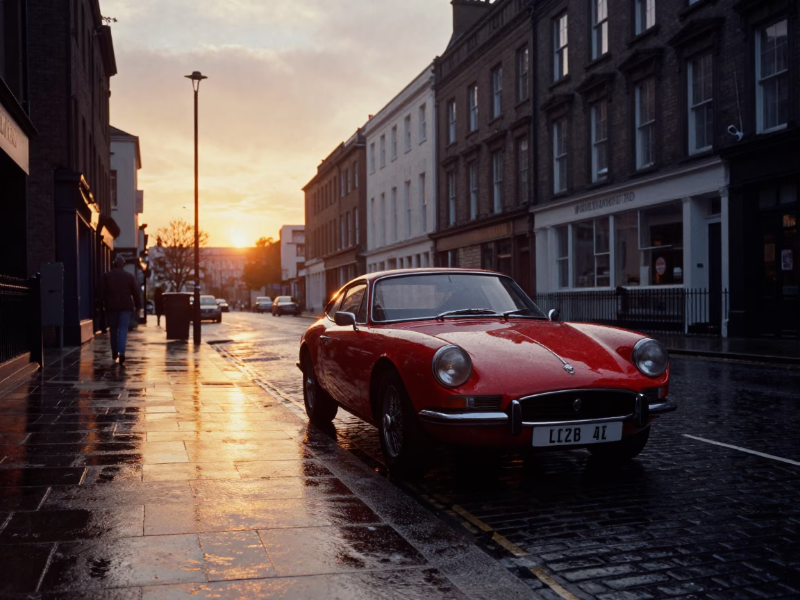 Liverpool Street Scene at Sunset with Vintage Red Sports Car and Local Pub Interaction in in Liverpool, United Kingdom