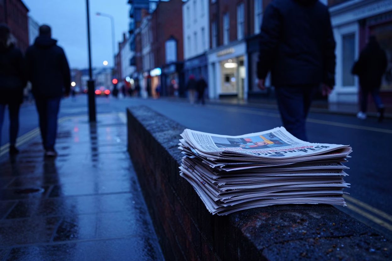 Liverpool Street Scene in Indigo Twilight with Newspaper Stack and Soap Residue in in Liverpool, United Kingdom