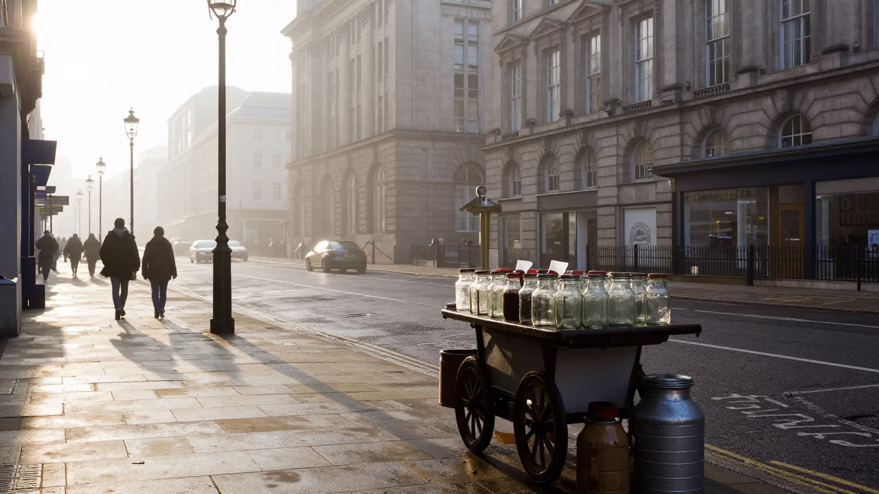 Liverpool Street Scene Just After Sunrise with Vintage Milk Canisters and Glass Jars in in Liverpool, United Kingdom