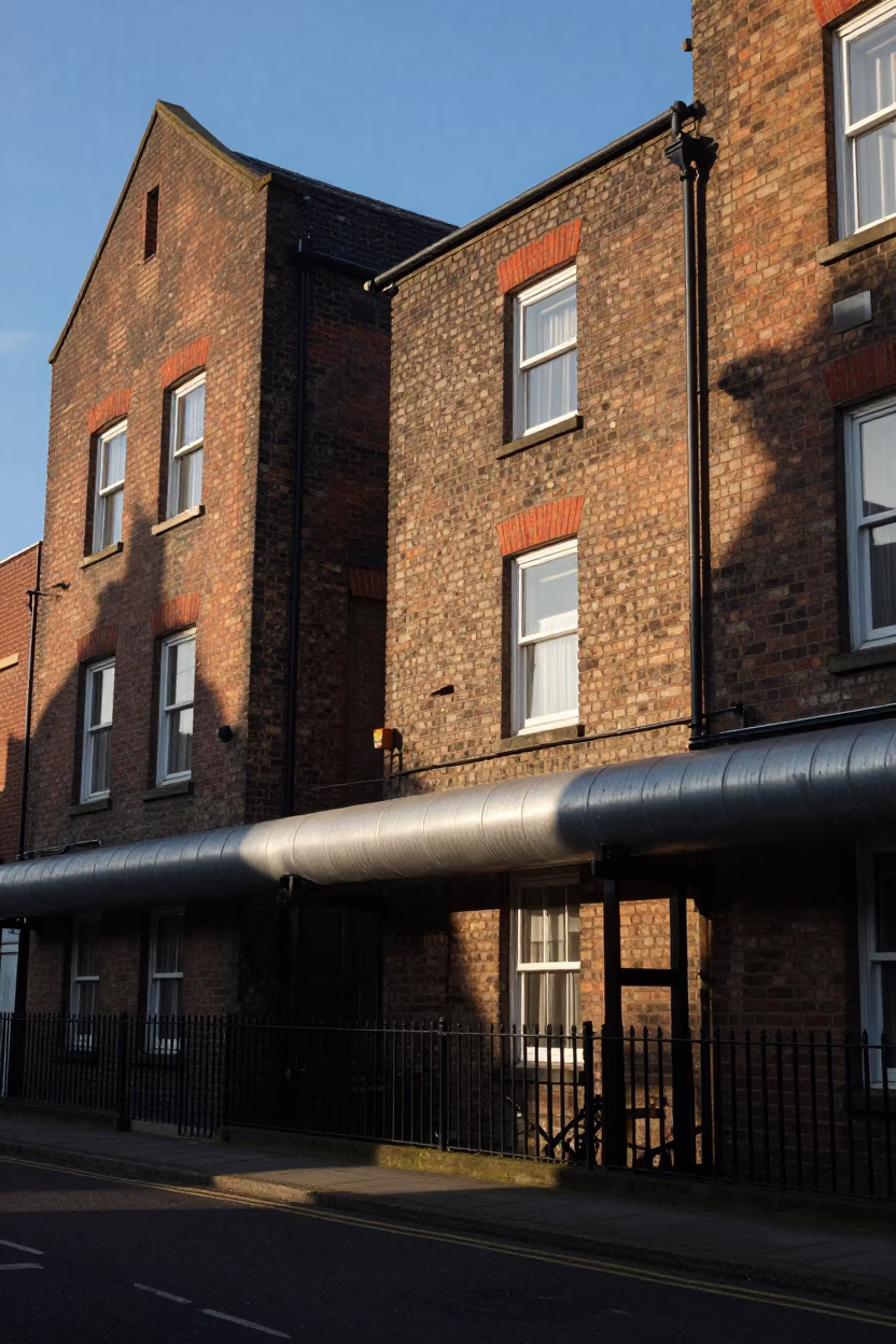 Liverpool Street Scene Late Afternoon Light District Heating Pipes Apartment Blocks in in Liverpool, United Kingdom