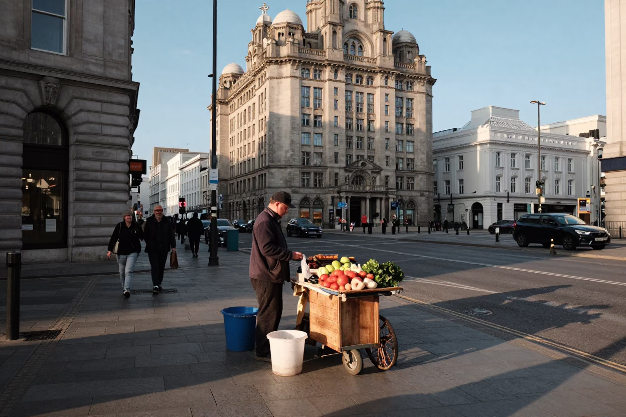 Liverpool Street Scene Late Afternoon Light with Local Vendor and Espresso Cup in in Liverpool, United Kingdom