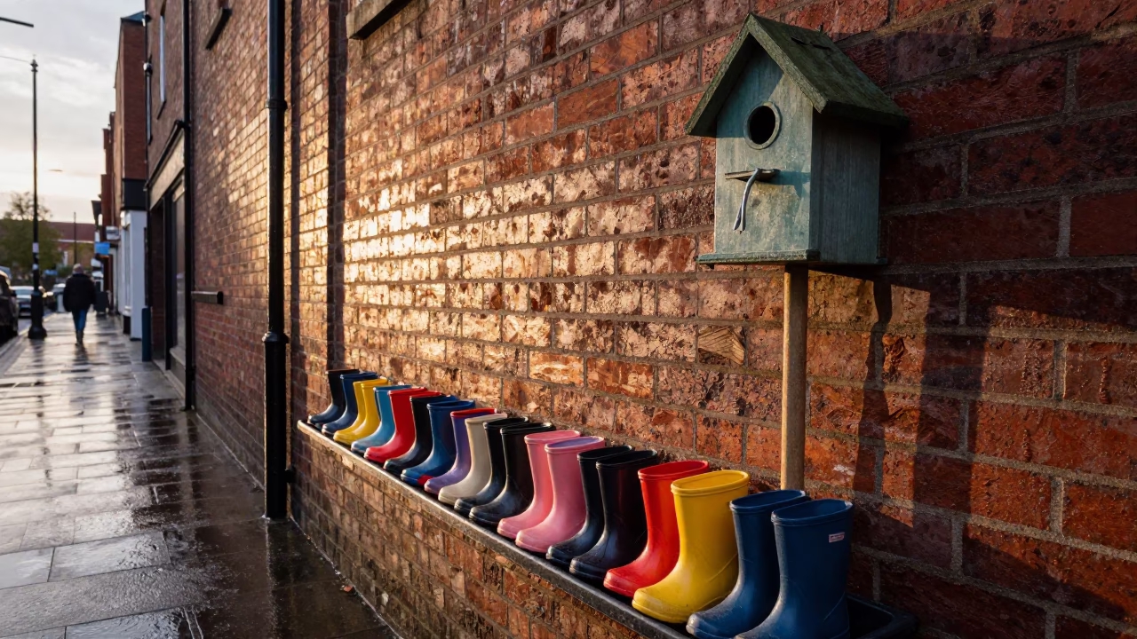Liverpool Street Scene Late Afternoon Rain Boots and Birdhouse in in Liverpool, United Kingdom