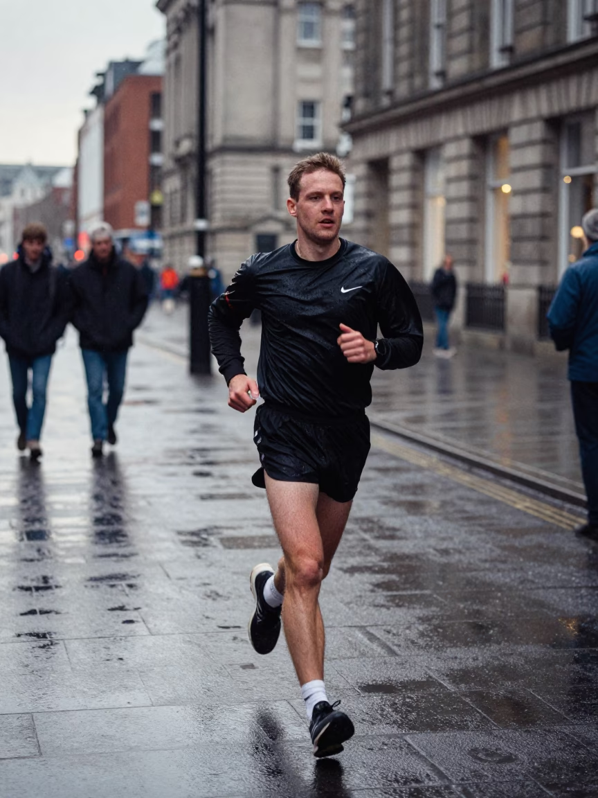 Liverpool Street Scene Late Afternoon with Condensation on Runner and Urban Life in in Liverpool, United Kingdom