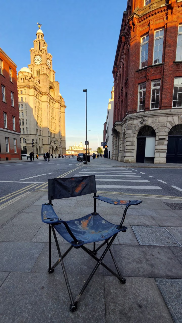 Liverpool Street Scene Late Afternoon with Folding Chair and Scooter in in Liverpool, United Kingdom