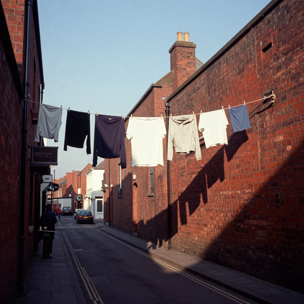 Liverpool Street Scene Late Afternoon with Hanging Laundry and Brick Architecture in in Liverpool, United Kingdom