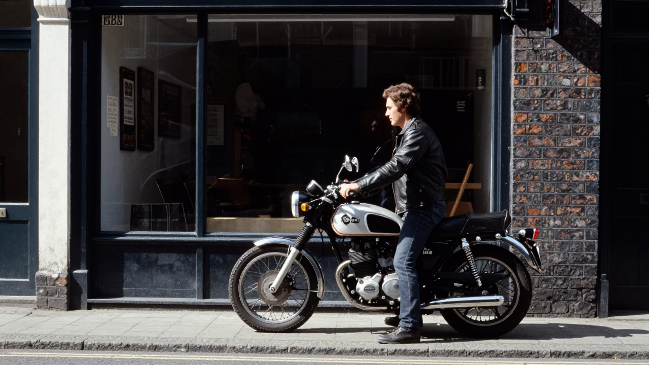 Liverpool Street Scene Under Flat Noon Glare With Motorcycle Outside Local Shop in in Liverpool, United Kingdom