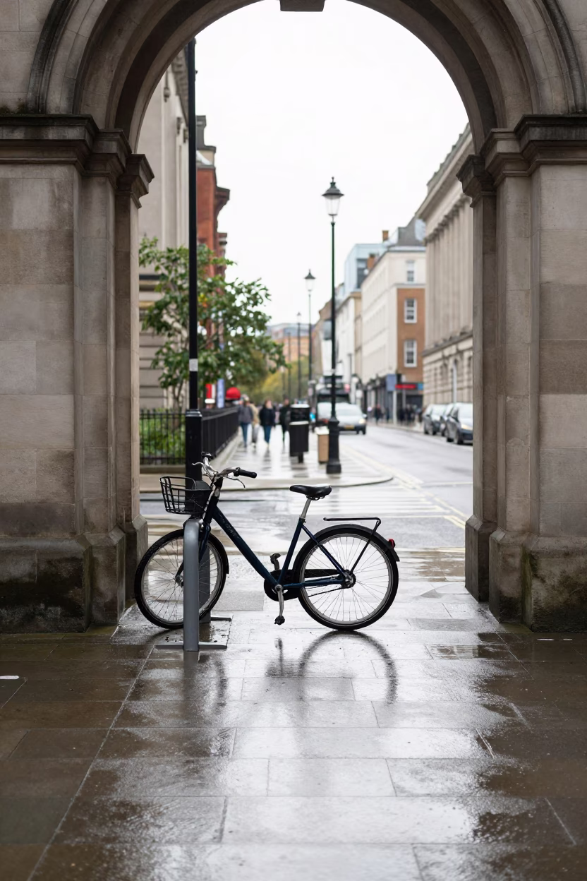 Liverpool Street Scene with Bicycle Rack and Urban Details in Midmorning Light in in Liverpool, United Kingdom