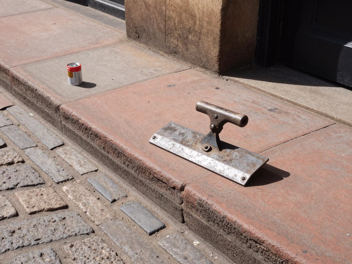 Liverpool street scene with boot scraper and coffee tin under noon glare in in Liverpool, United Kingdom