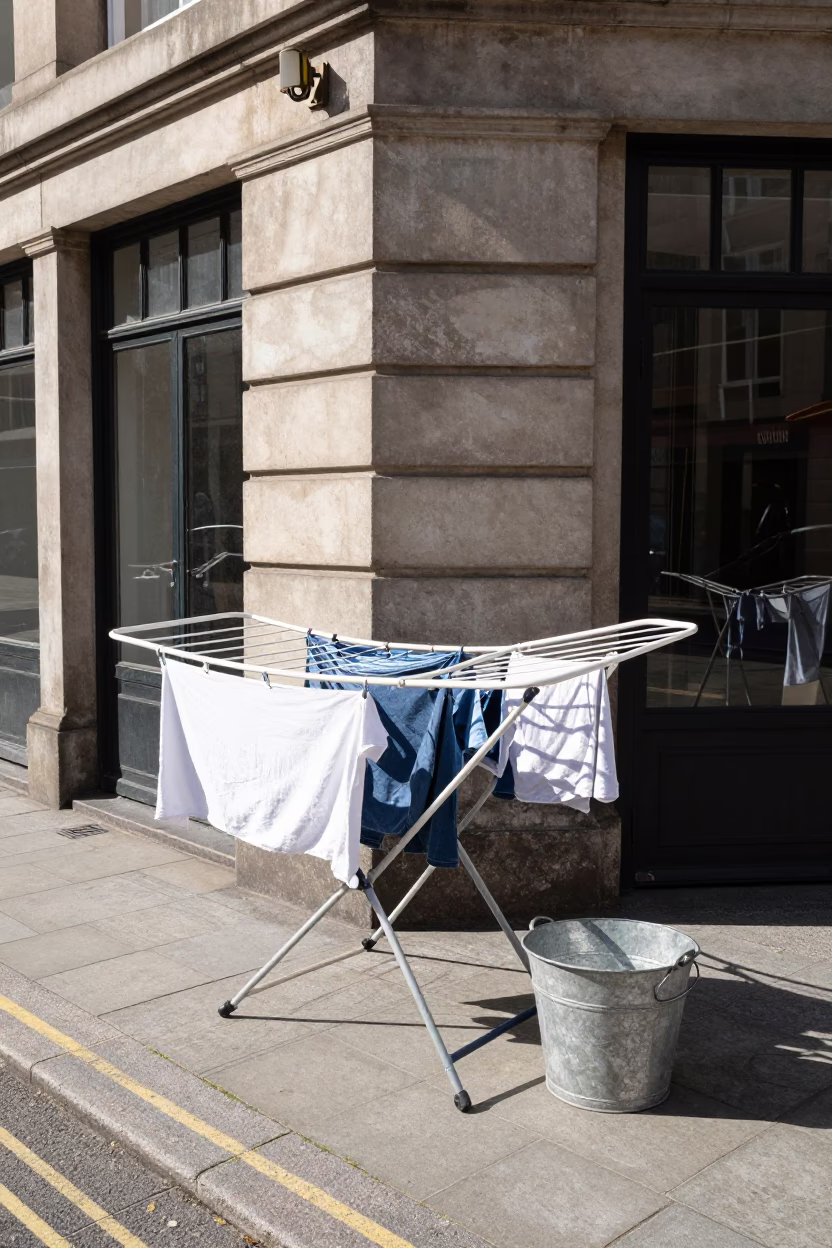 Liverpool Street Scene with Drying Rack and Metal Bucket in Bright Midmorning Light in in Liverpool, United Kingdom