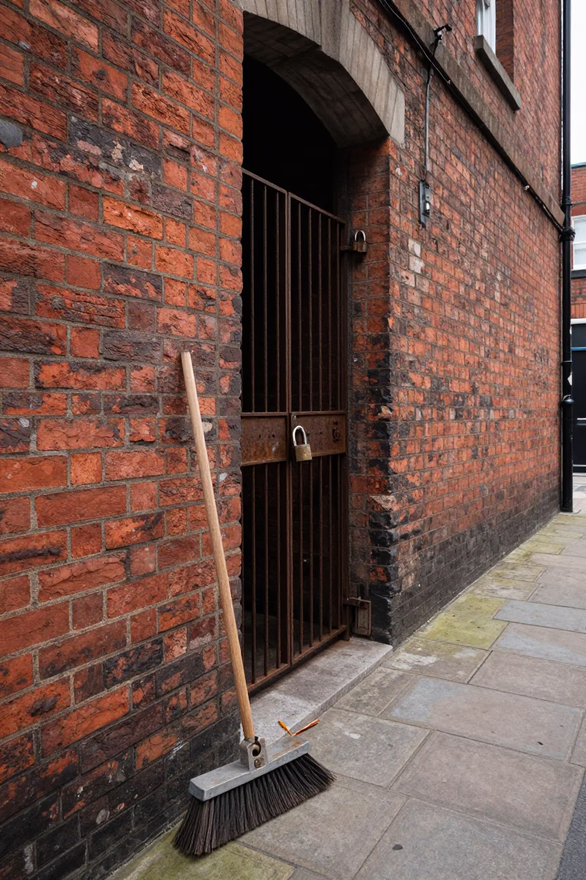 Liverpool Street Scene with Padlock and Hand Broom in Early Afternoon Light in in Liverpool, United Kingdom
