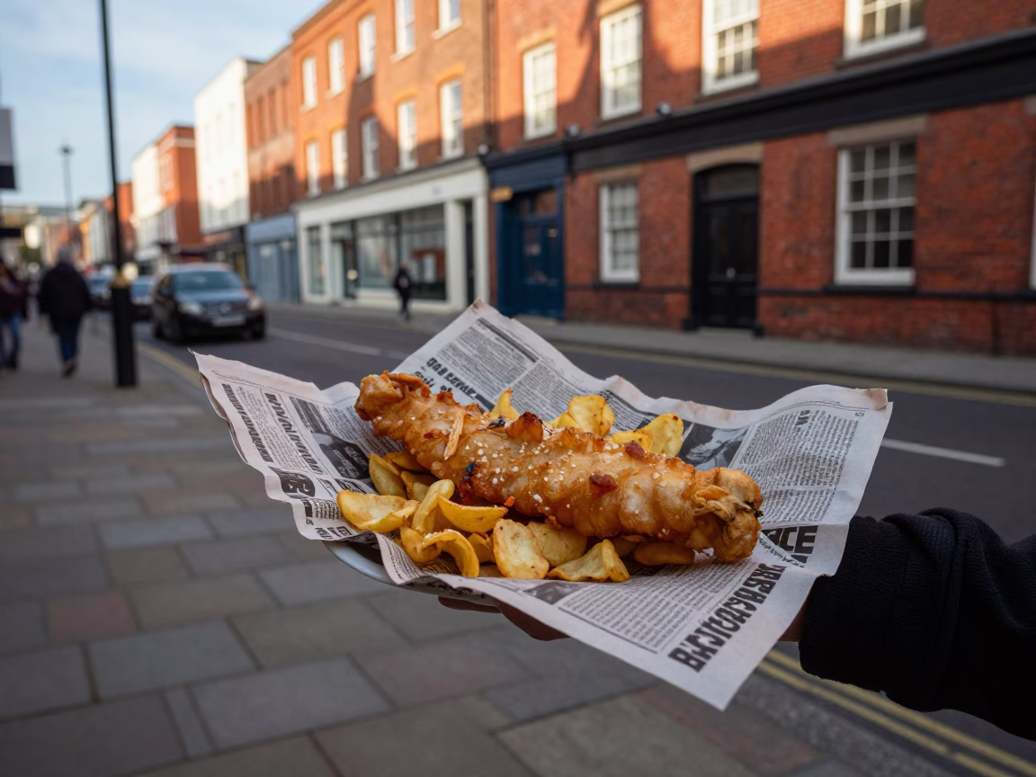 Liverpool Street Scene with Plate of Fish and Chips in Newspaper Early Afternoon in in Liverpool, United Kingdom