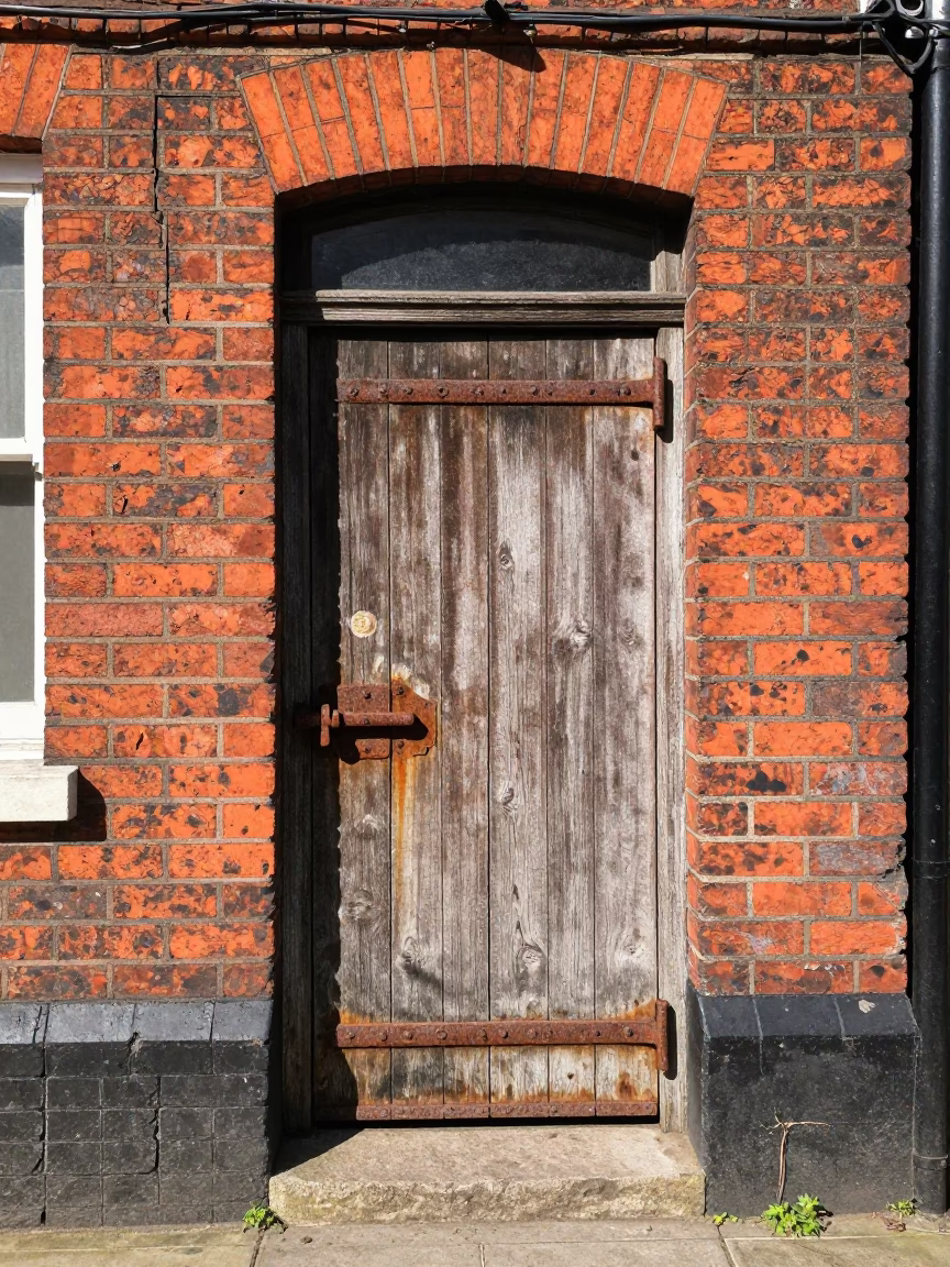 Liverpool Street Scene with Rusty Door Latch and Brickwork Under Noon Sun in in Liverpool, United Kingdom