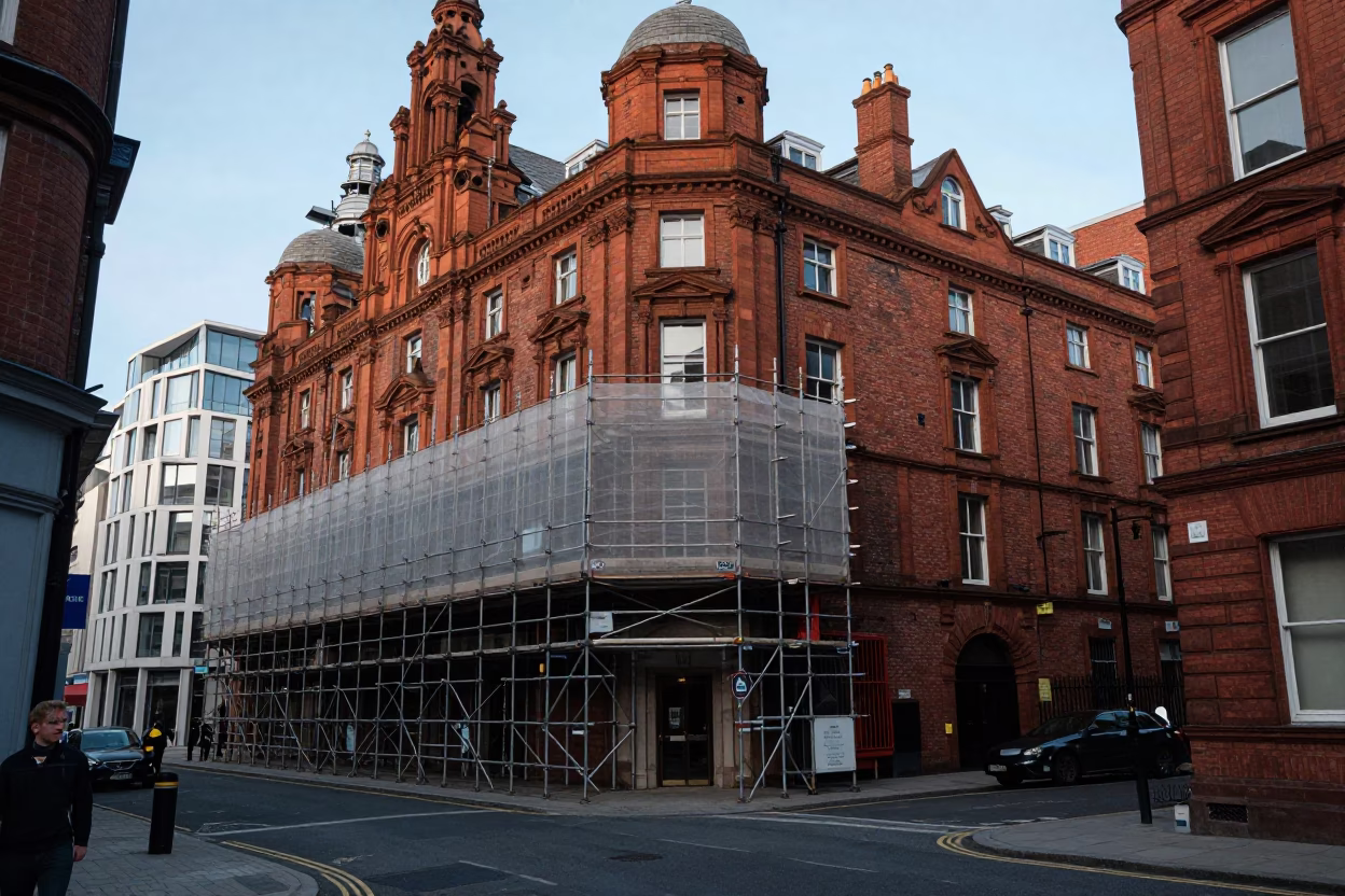 Liverpool street scene with scaffolding and urban architecture in early afternoon light in in Liverpool, United Kingdom