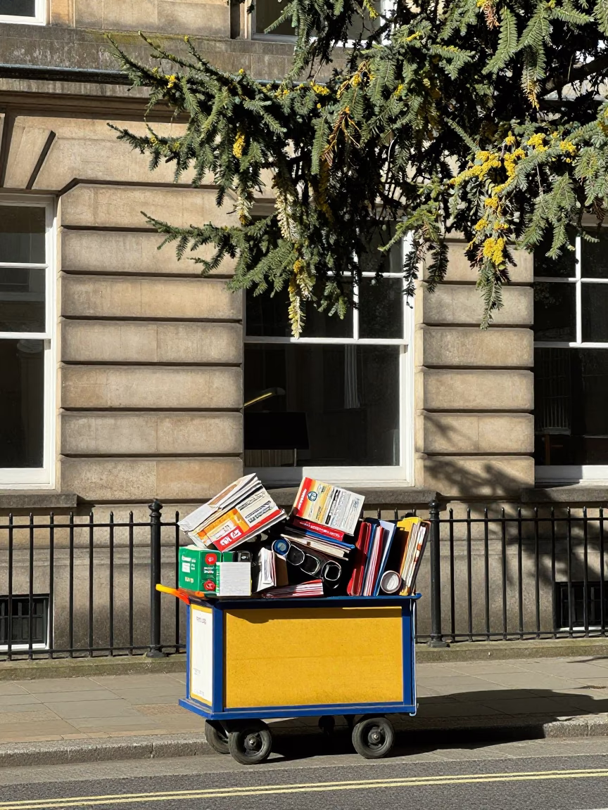 Liverpool Street Scene with School Library Cart and Urban Lichen Details in in Liverpool, United Kingdom