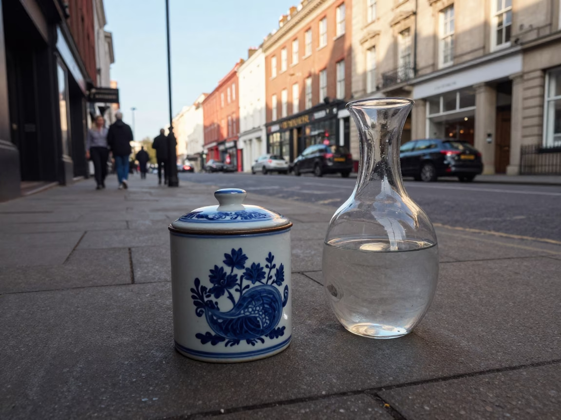 Liverpool Street Scene with Tea Tin and Decanter on Cafe Table in in Liverpool, United Kingdom