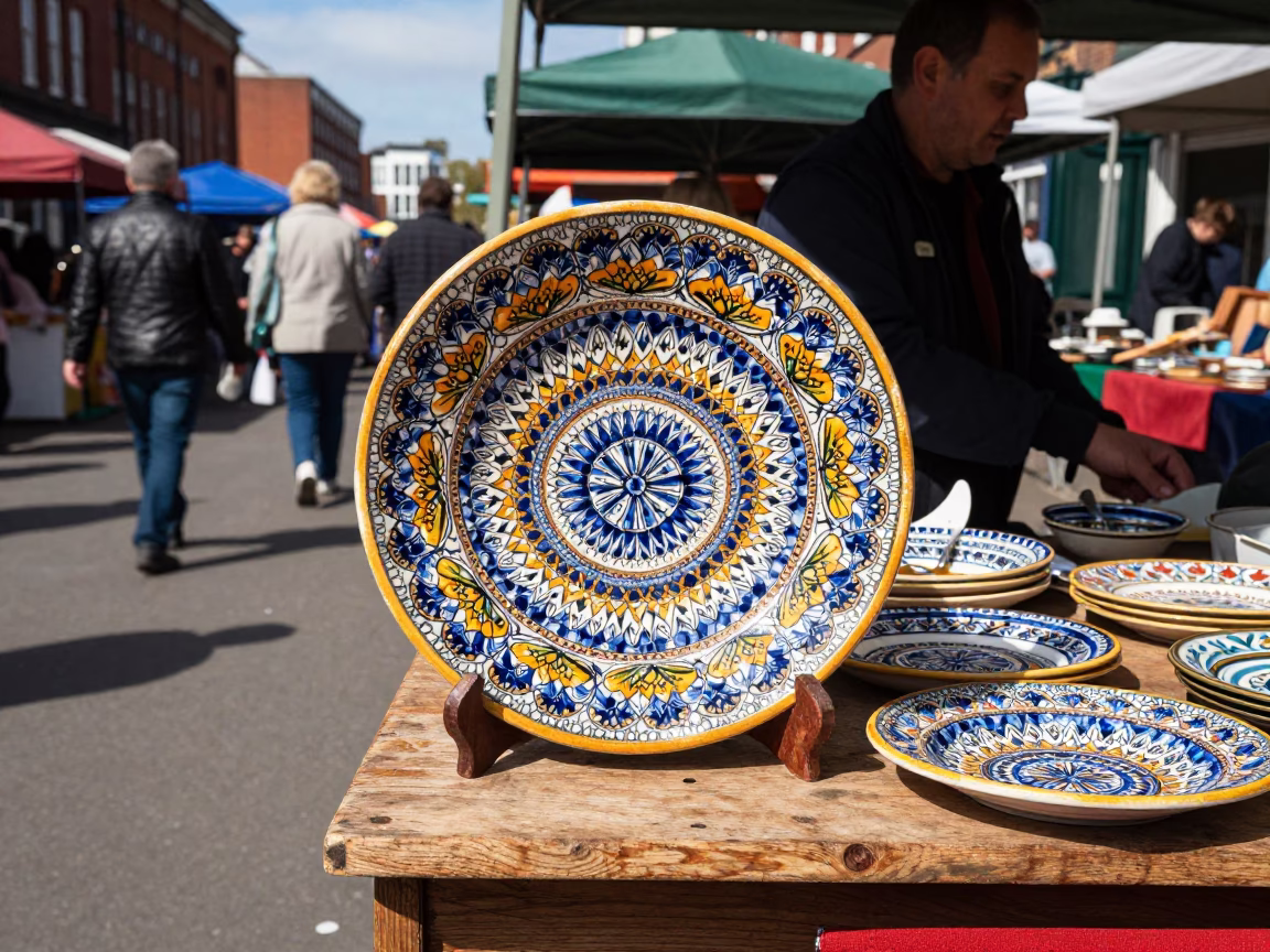 Liverpool Street Scene with Vintage Majolica Plate on Market Stall in in Liverpool, United Kingdom