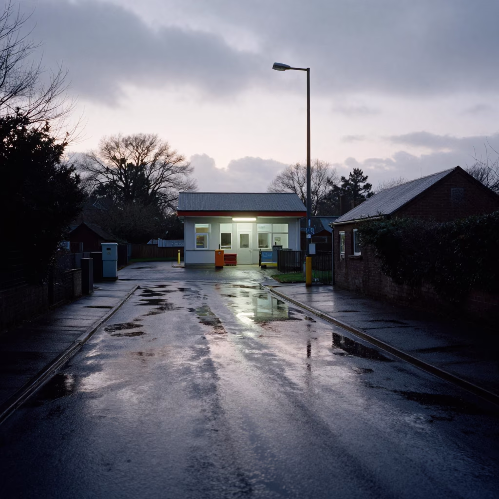 Liverpool Substation Access Road Puddled with Oil Sheen Rainwater Before Dawn in in Liverpool, United Kingdom