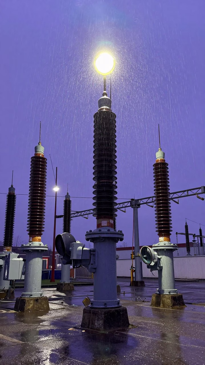 Liverpool Substation Insulators Sparkling with Rain Under Floodlights in Indigo Twilight in in Liverpool, United Kingdom