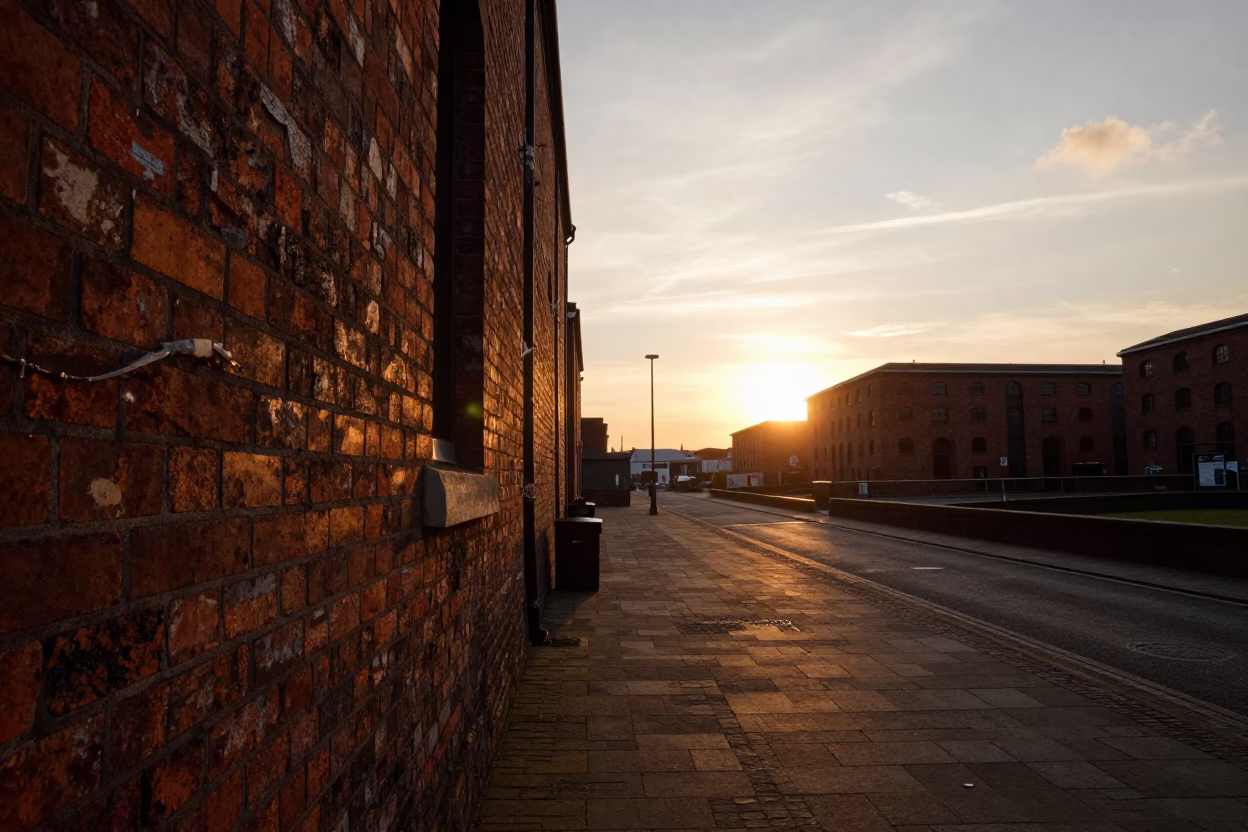 Liverpool Sunset at As The Sun Drops Toward The Horizon in in Liverpool, United Kingdom