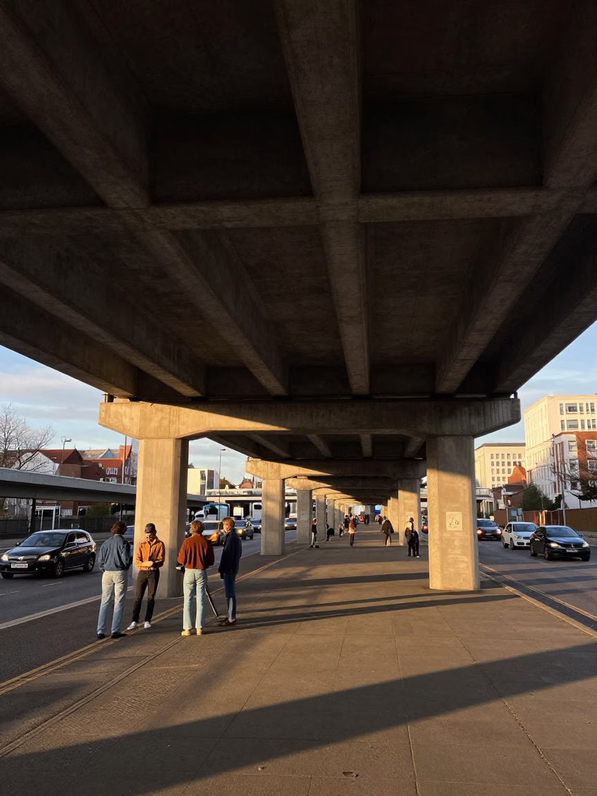 Liverpool Sunset Flyover Underside Shadows from Passing Traffic in in Liverpool, United Kingdom
