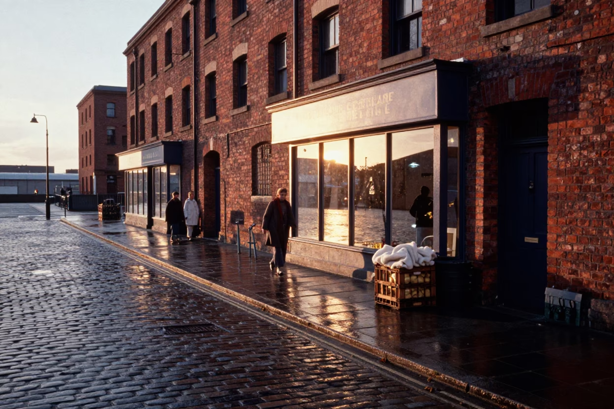Liverpool Sunset Street Scene with Fruit Crate and Wool Scarves in in Liverpool, United Kingdom