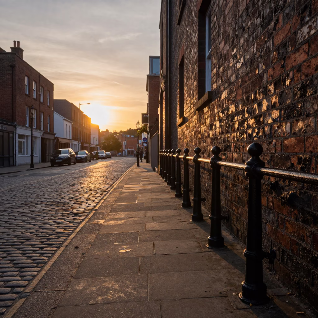 Liverpool Sunset Street Scene with Peg Rails and Urban Life in in Liverpool, United Kingdom