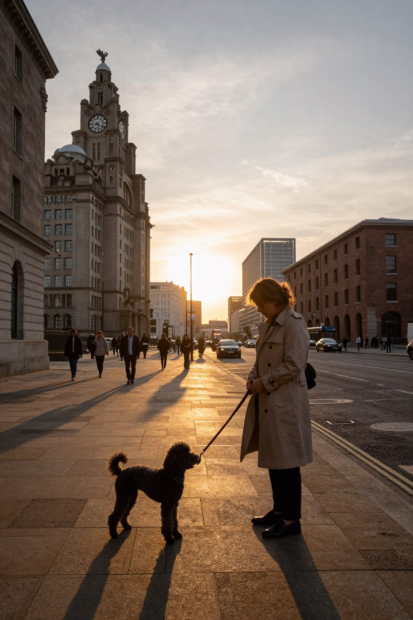 Liverpool Sunset Street Scene with Poodle and Urban Architecture in in Liverpool, United Kingdom