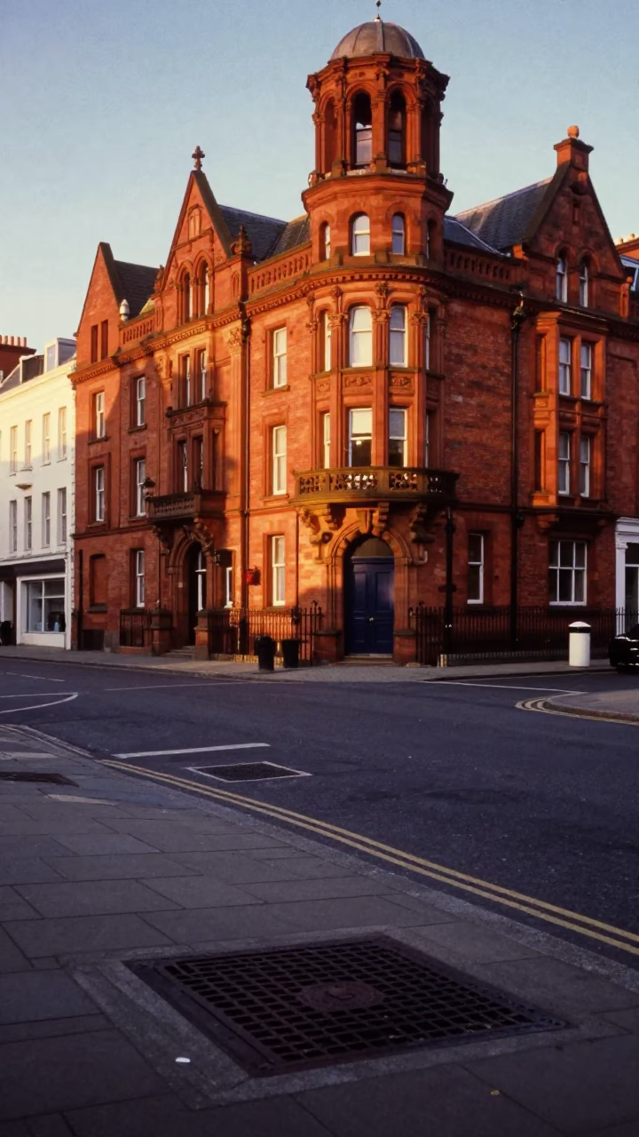 Liverpool sunset street scene with red brick architecture and urban drainage details in in Liverpool, United Kingdom