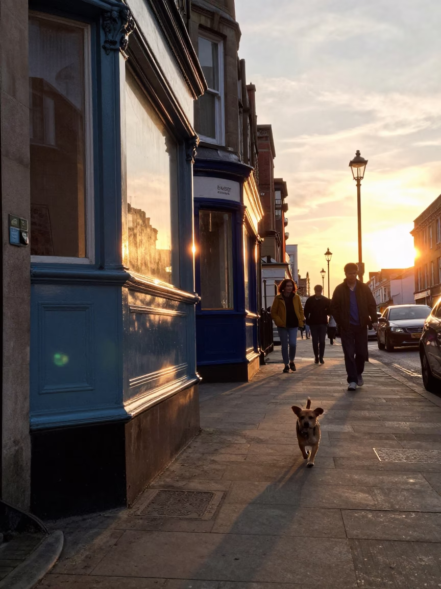 Liverpool Sunset Street Scene with Small Dog and Vintage Enamel Details in in Liverpool, United Kingdom