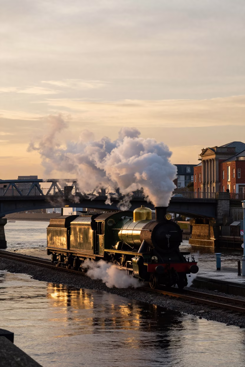 Liverpool Sunset Street Scene with Steam Locomotive Crossing Bridge and Urban Infrastructure in in Liverpool, United Kingdom