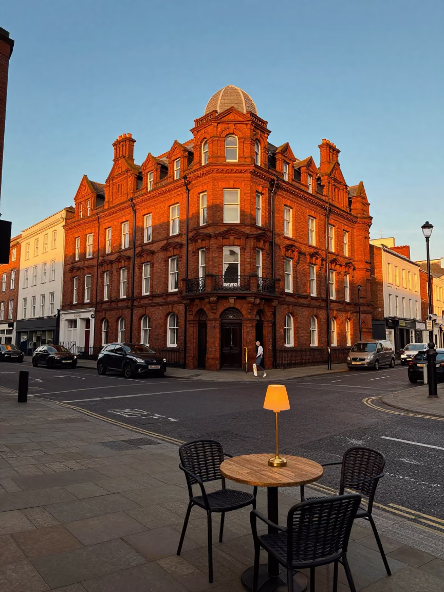 Liverpool Sunset Street Scene with Table Lamp on Outdoor Cafe Table in in Liverpool, United Kingdom