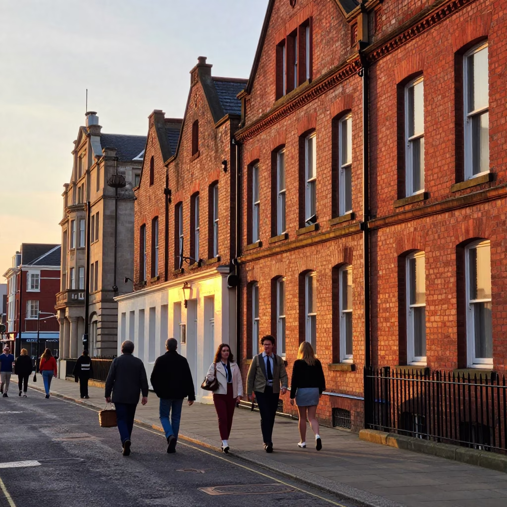 Liverpool sunset street scene with vintage 1970s architecture and local candid moment in in Liverpool, United Kingdom