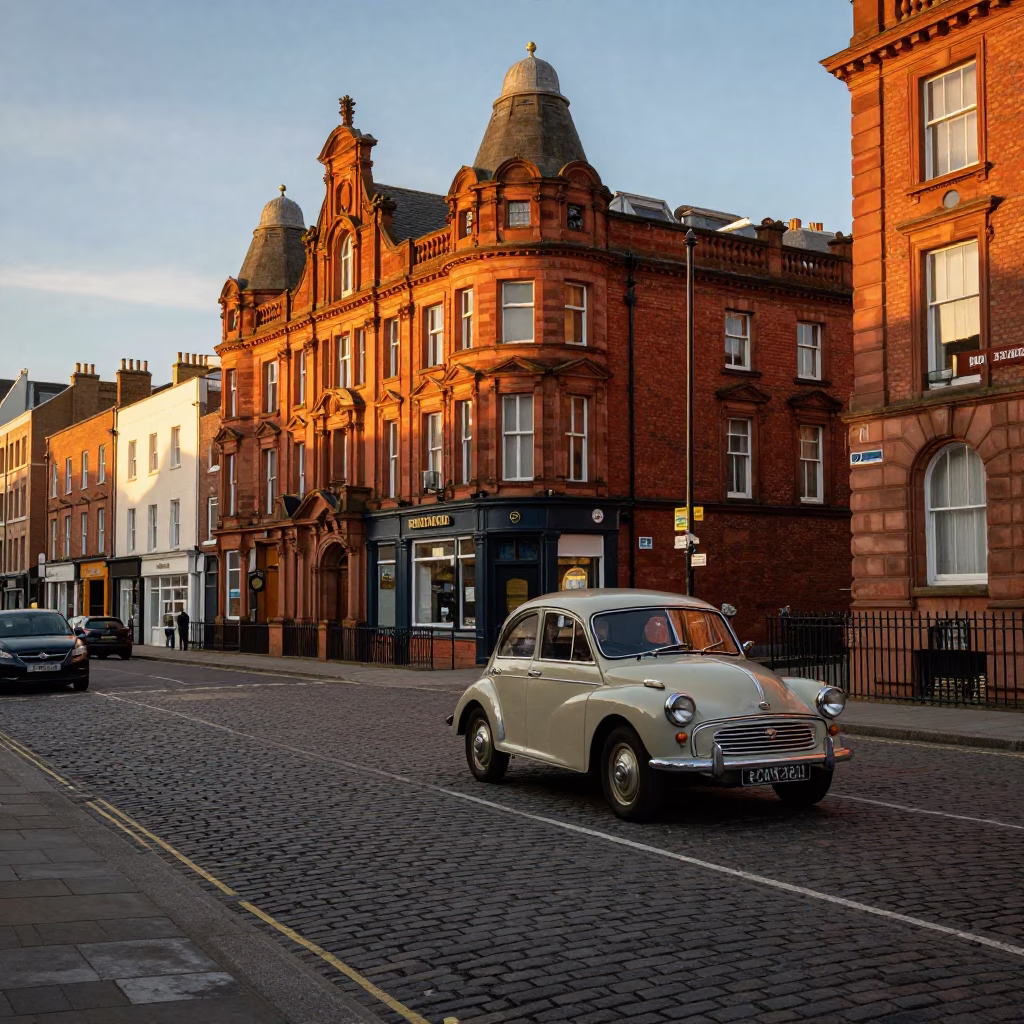 Liverpool Sunset Street Scene with Vintage Cars and Brick Architecture in in Liverpool, United Kingdom