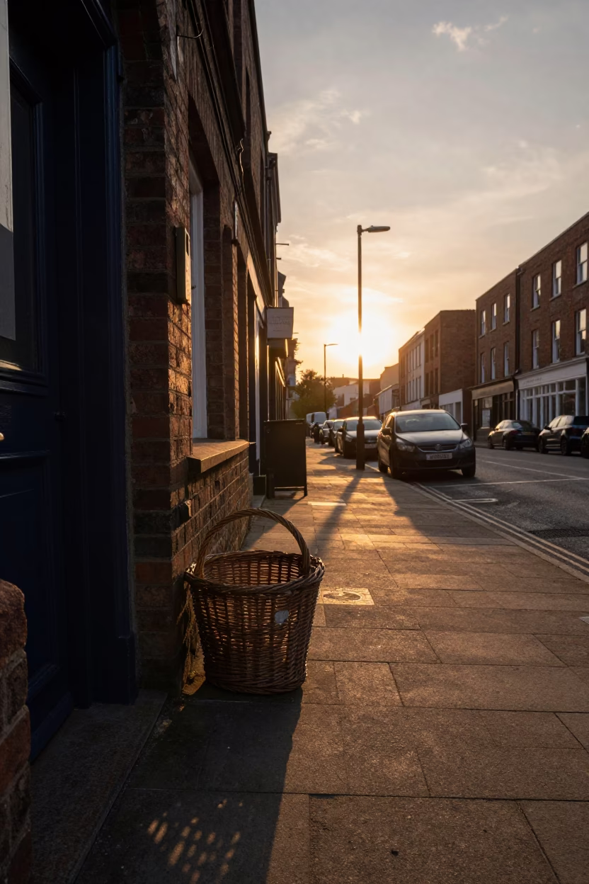 Liverpool Sunset Street Scene with Wicker Shadow and Storage Tin in in Liverpool, United Kingdom