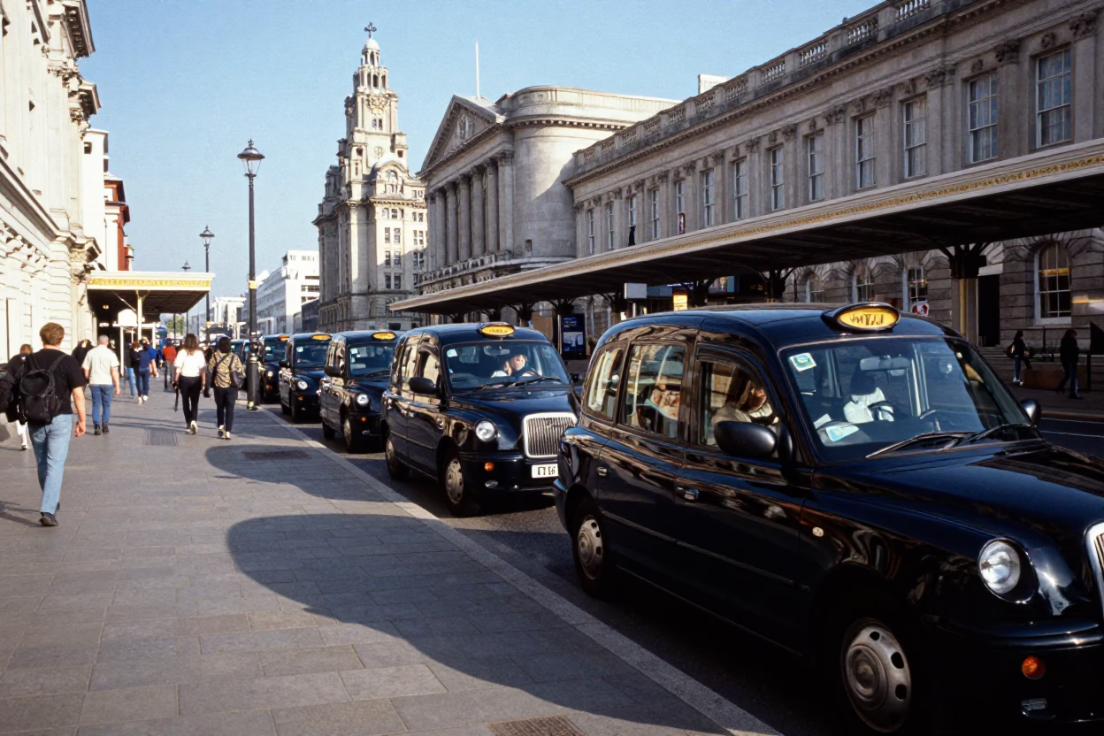 Liverpool Taxi Rank Outside Lime Street Station in Clear Late Afternoon Light in in Liverpool, United Kingdom