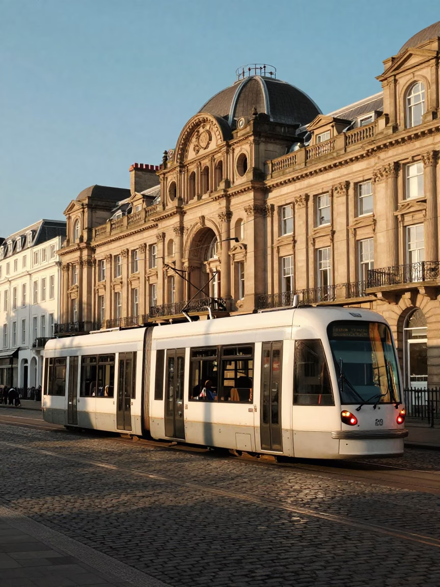 Liverpool Tram Passing Art Nouveau Building in Late Afternoon Light in in Liverpool, United Kingdom