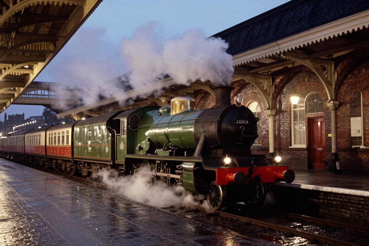 Liverpool Twilight Scene with Heritage Steam Train at Victorian Station Platform in in Liverpool, United Kingdom